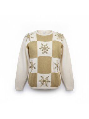Eminent Womens White & Gold Beaded Metallic Snowflake Sweater Cozy Knit Size L